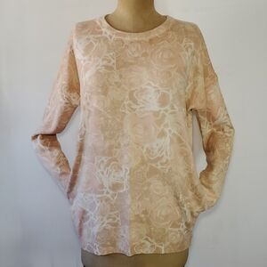 Forever 21 Size M/L Sweater Pockets Pink Beige Roses Tight Knit Long Sleeve Crew